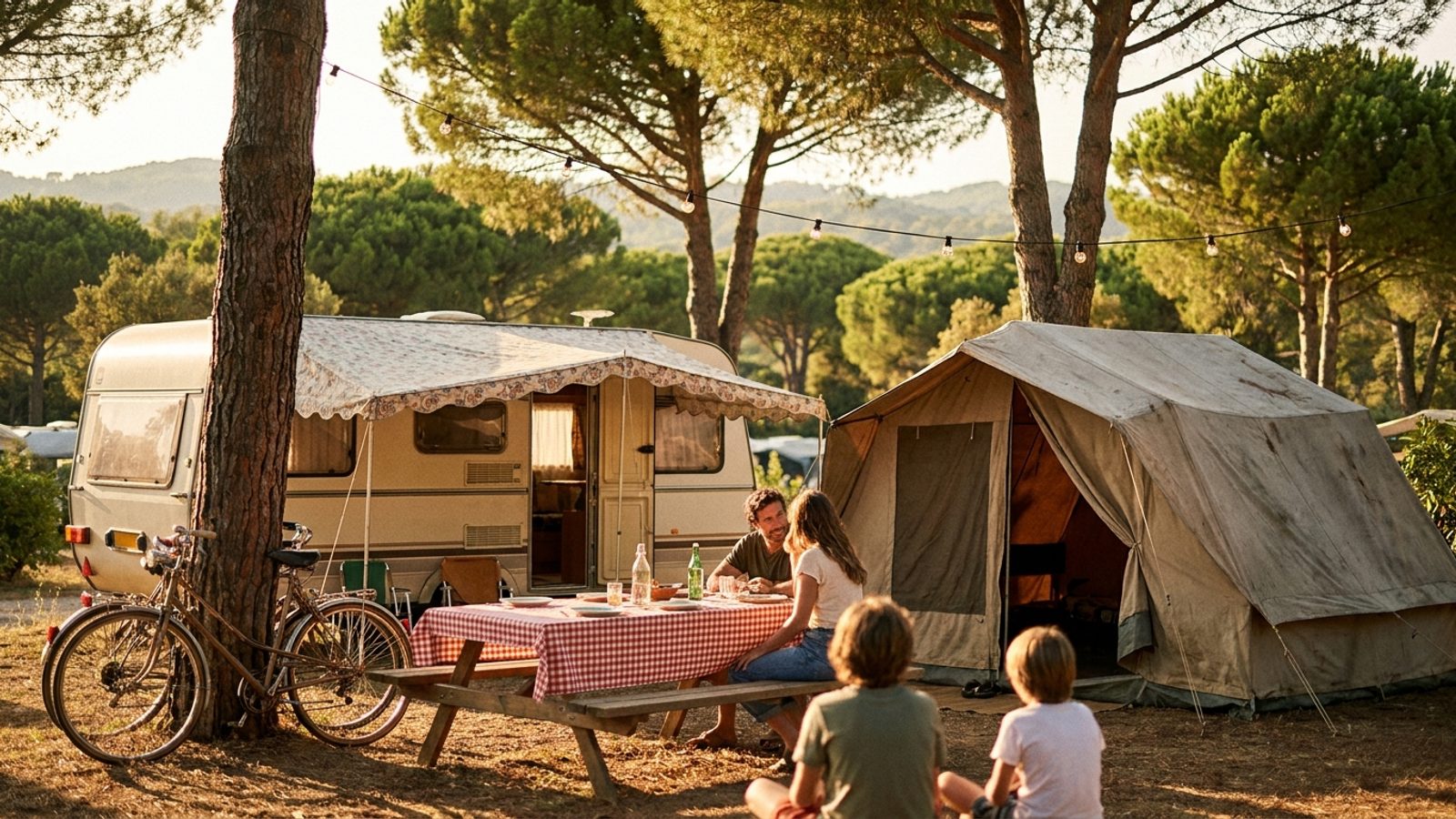 Caravan and tent at a campsite under umbrella pines in southern Europe